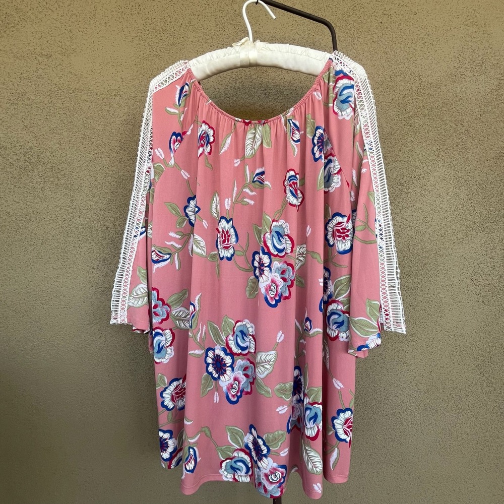 Amana Floral Tunic Boho Top Crochet Lace Embroidered Trim‎ Bell Sleeve Blouse 3X